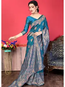 Fashion Booms Teal & Gold-Toned Woven Design Zari Pure Silk Kanjeevaram Saree