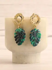 SOHI Green Gold Plated Contemporary Drop Earrings