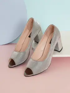 Sherrif Shoes Grey Embellished Block Peep Toes Heels