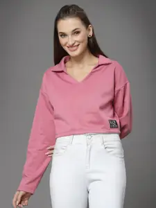 KASSUALLY Women Pink Shirt Collar Crop Cotton Sweatshirt