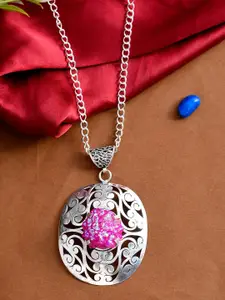 DASTOOR Silver-Plated Pink Stone-Studded Pendant With Chain