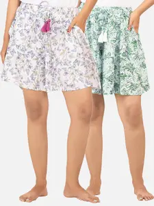 BStories Women White & Green Pack of 2 Printed Lounge Shorts