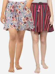 BStories Women Red & White Pack of 2 Printed Lounge Shorts