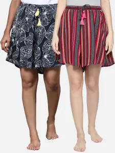 BStories Women Navy Blue & Pink Pack of 2 Printed Lounge Shorts