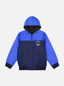 YK Boys Navy Blue & Blue Colourblocked Lightweight Hooded Bomber Jacket