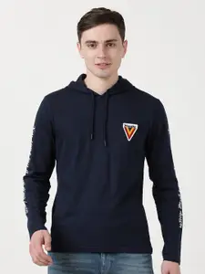 Wrangler Men Navy Blue Hooded Cotton T-shirt