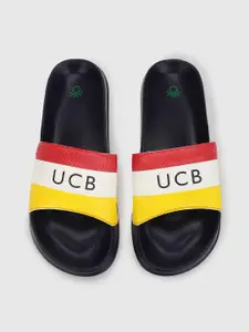 United Colors of Benetton Men Navy Blue & Yellow Striped Sliders