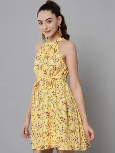 emeros Women Yellow Floral Crepe A-Line Dress