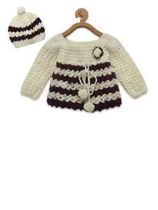 CHUTPUT Girls Cream & Coffee Brown Self Design Pure Wool Pullover