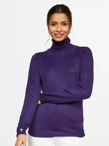 AND Women Purple Solid High Neck Top