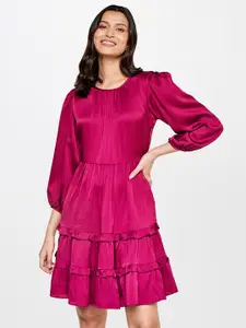 AND Women Pink Solid Tiered Cuffed Sleeves Dress