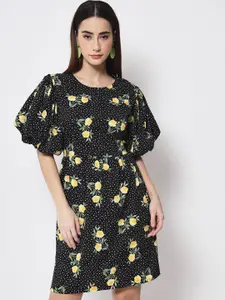 VELDRESS Women Black & Yellow Floral Printed A-Line Dress