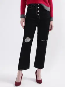 ELLE Women Black Straight Fit High-Rise Mildly Distressed Cotton Jeans