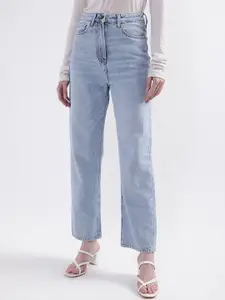 ELLE Women Blue Straight Fit Low Distress Heavy Fade Cotton Jeans
