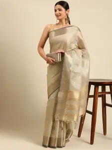 VISHNU WEAVES Grey & Gold-Toned Tissue Maheshwari Saree