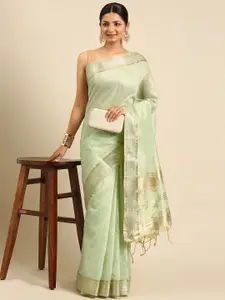 VISHNU WEAVES Green & Gold-Toned Jute Cotton Maheshwari Saree