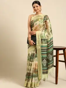 VISHNU WEAVES Green & Off White Printed Silk Cotton Maheshwari Saree