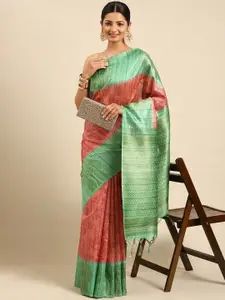 VISHNU WEAVES Red & Green Floral Print Jute Silk Tussar Saree