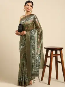 VISHNU WEAVES Olive Green & Black Floral Print Jute Silk Tussar Saree