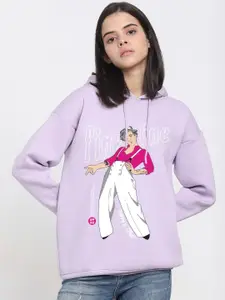 Bewakoof Women Purple Printed Oversized Fit Hooded Sweatshirt