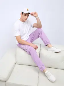 Styli Men Purple Slogan Print Oversized Fit Joggers with Slip Pocket