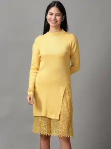 SHOWOFF Women Yellow Solid Acrylic A-Line Dress