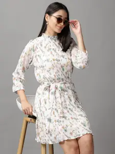 SHOWOFF Women White & Green Floral Printed Dress