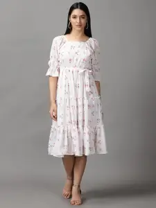 SHOWOFF Women White & Pink Floral Layered A-Line Midi Dress