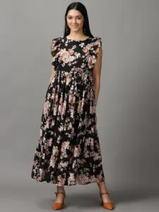SHOWOFF Women Black & Brown Floral Chiffon Dress