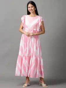 SHOWOFF Women Pink & White Chiffon A-Line Midi Dress