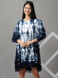 SHOWOFF Women White & Navy Blue Tie and Dye Dyed A-Line Dress