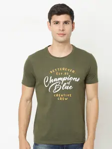 Blue Buddha Men Olive Green Typography Printed T-shirt