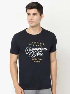 Blue Buddha Men Navy Blue Typography Round Neck Printed Cotton T-shirt