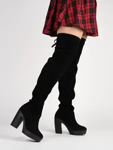 Street Style Store Women Black Solid Heeled Winter Boots