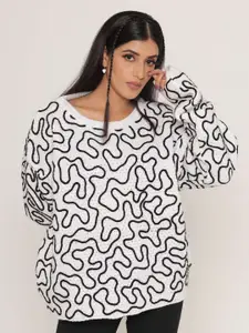 KASMA Women White & Black Printed Pullover