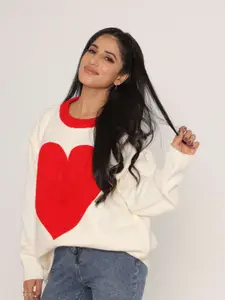 KASMA Women White & Red Printed Pullover