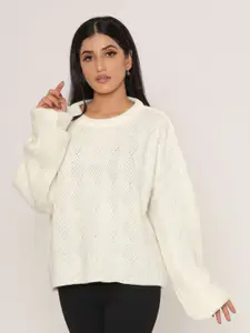 KASMA Women White Open Knit Pullover