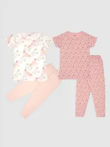 Taatoom Girls Pink & White Pack of 2 Printed Pure Cotton Night suit