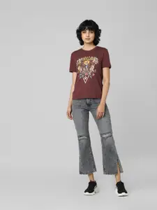 ONLY Women Maroon Printed Cotton T-shirt