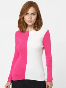 Vero Moda Marquee Collection Women Pink & White Colourblocked Pullover Cotton Sweater