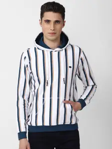 Peter England Casuals Men White Striped Hooded Sweatshirt