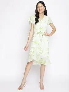 Latin Quarters Green & White Abstract Printed A-Line Dress