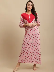 Claura Women Pink & Red Printed Pure Cotton Maxi Nightdress