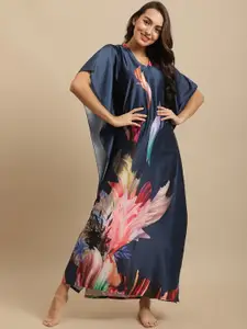 Claura Women Navy Blue & Pink Printed Satin Kaftan Maxi Nightdress
