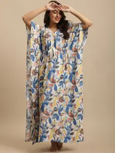 Claura Women Off White & Blue Floral Printed Kaftan Maxi Nightdress