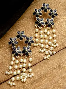 KARATCART Women Gold Plated Navy Blue Floral Drop Earrings