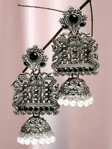 KARATCART Women Silver-Plated Black Dome Shaped Jhumkas Earrings