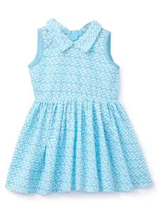 K&U Blue Embroidered Pure Cotton A-Line Dress