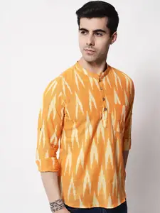 Vastraa Fusion Ikat Printed Band Collar Pure Cotton Kurta