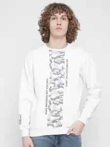 Octave Men White Printed Fleece Sweatshirt